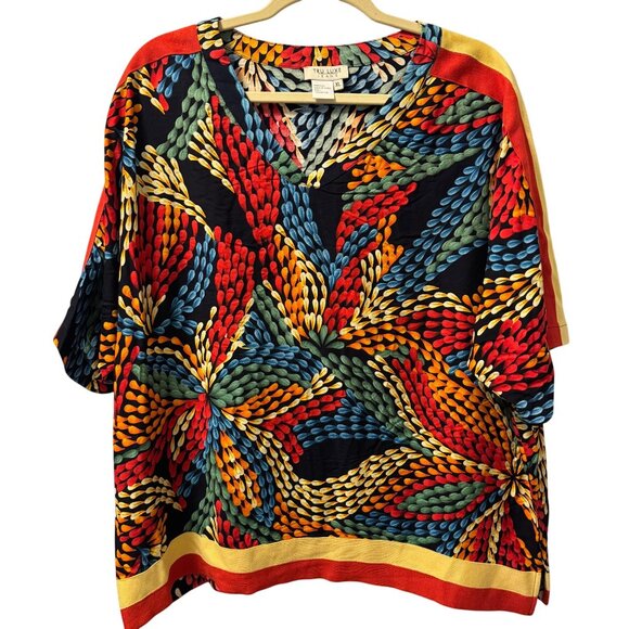 Tru Luxe Colorful Abstract Print V-Neck Top Sz XL 100% Rayon Womens Blouse - Picture 1 of 11